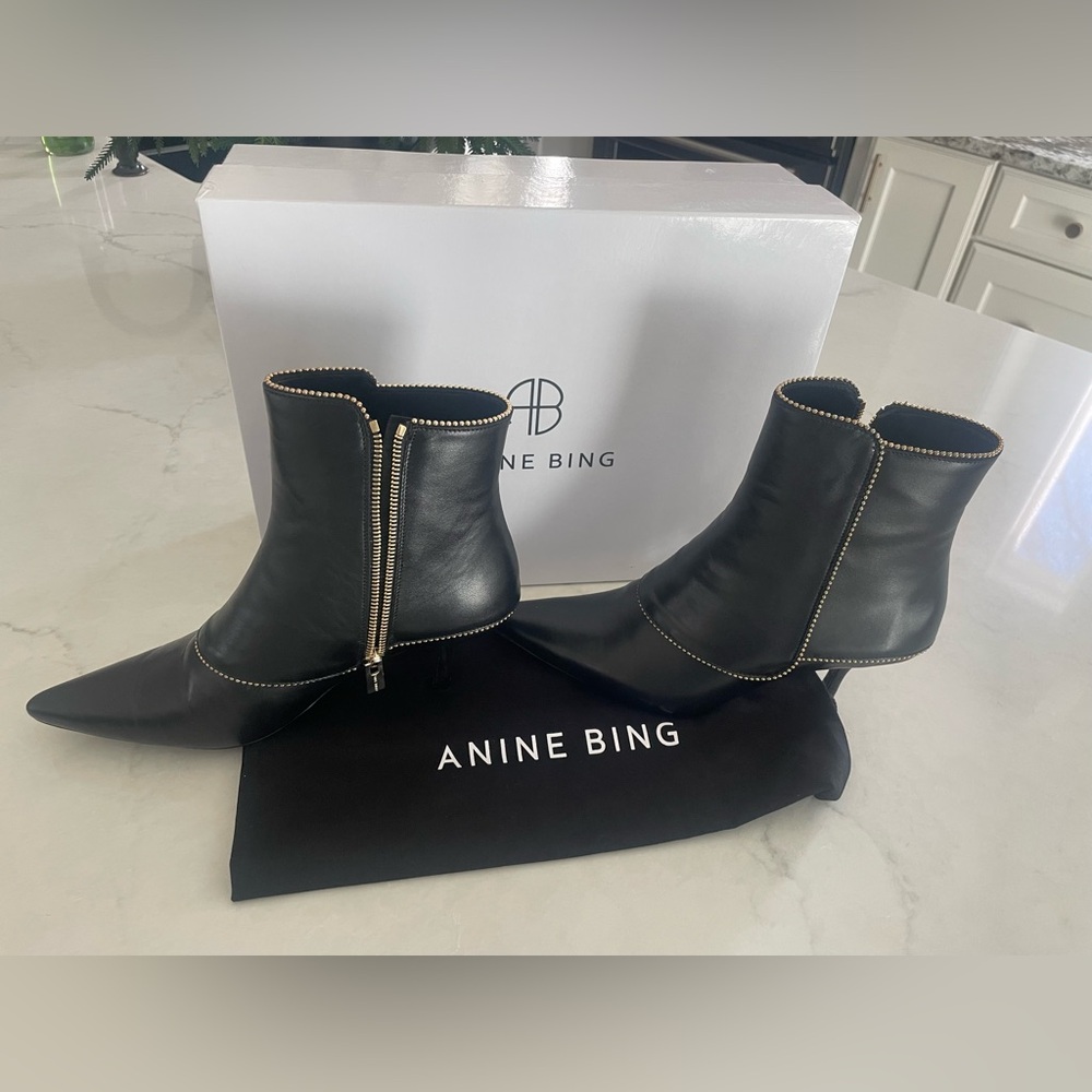 Anine Bing Black Leather Pointed Ankle Boots with Gold Zipper Trim
